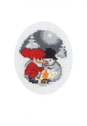 Permin Borduurkit Kerstkaart Sneeuwman en Kabouter 9x13cm
